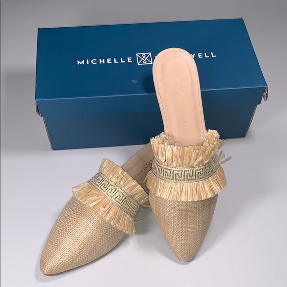 Michelle McDowell Carmen Natural Tan Woven Raffia Gold Mules Slip On Fringe 8 - Picture 1 of 11